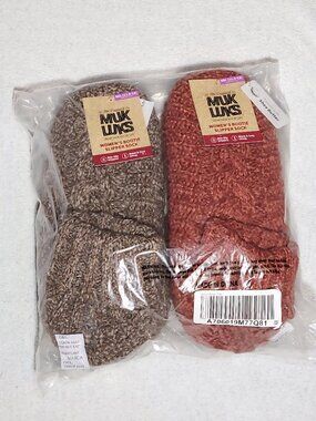 MUK LUKS Set of 2 Shea Cable Knit Fold Over Slipper Sock Brown/Rust A706019